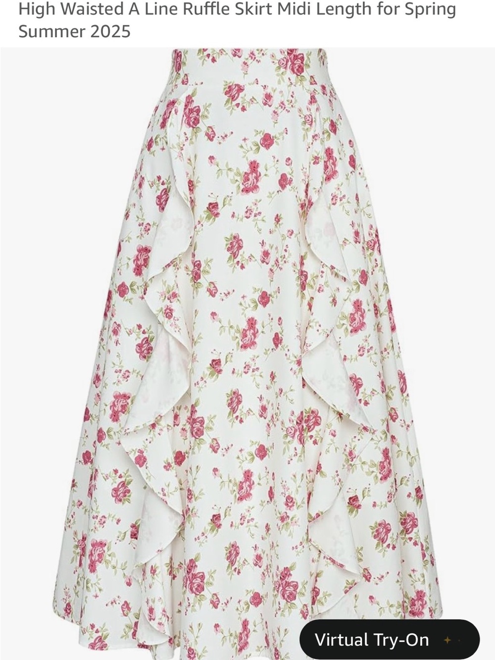 Floral Ruffle A-Line Midi Skirt - White with Pink Floral